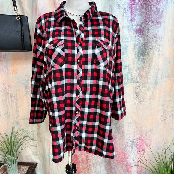 📌Eden & Olivia Red -Black -White Plaid Soft Button Down Shirt w/ Roll Up Sleeve - Picture 1 of 15